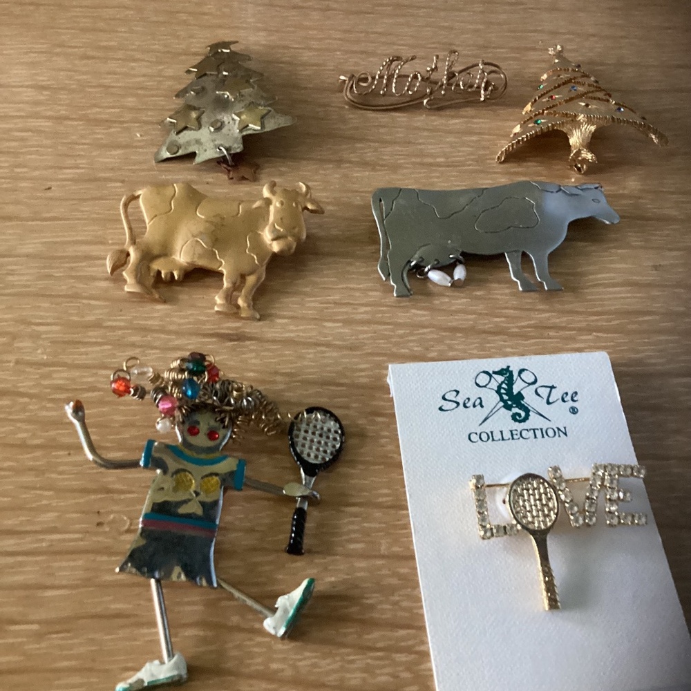 Pins - Christmas; Tennis; Cows; Mother.
